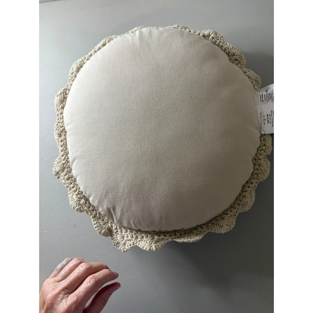 Threshold Crochet Round Toss Pillow Beige Scalloped Edge Boho 16 Inch Accent